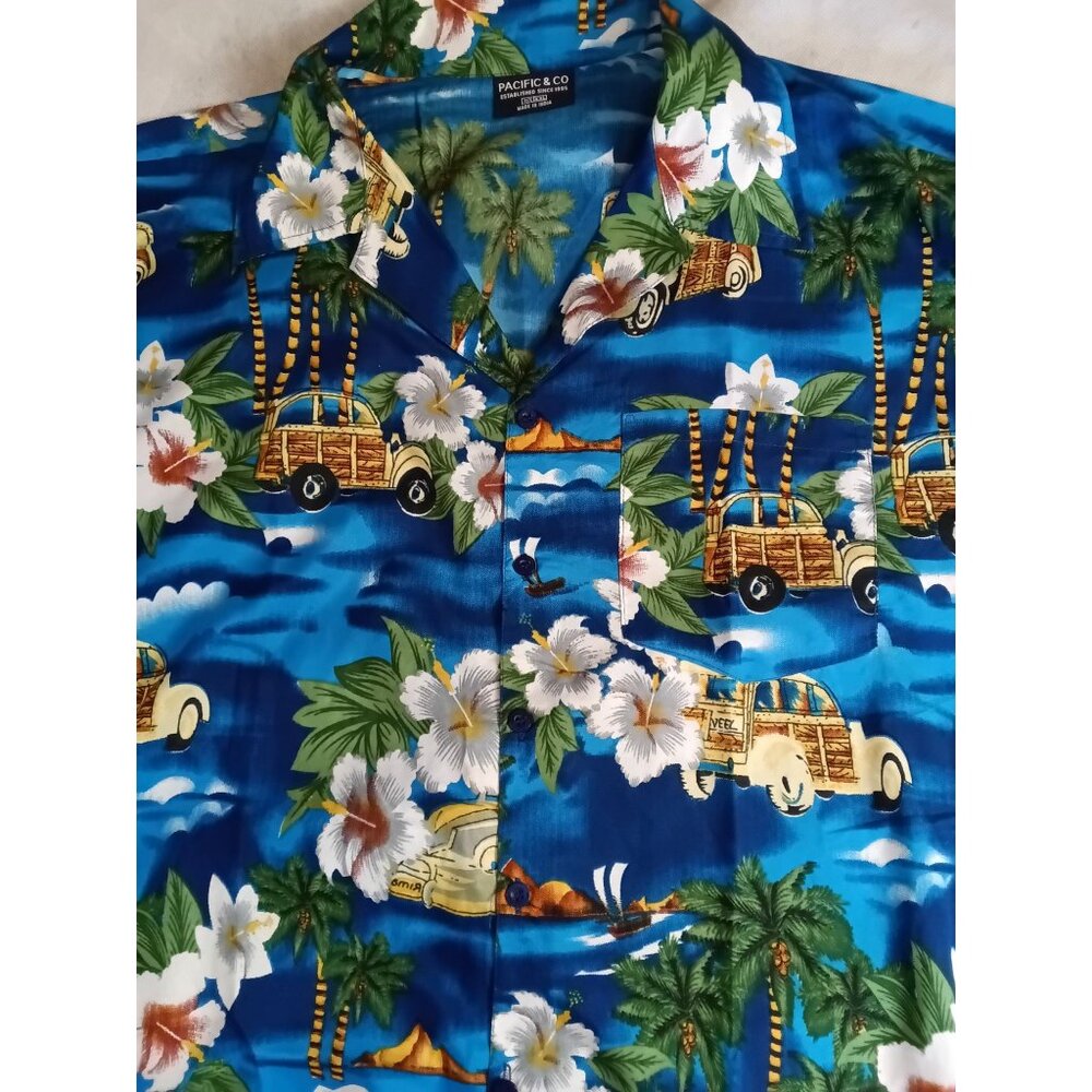 Vintage Pacific & Co Woody Car Print Hawaiian Shirt XXL Hibiscus Palm Surf